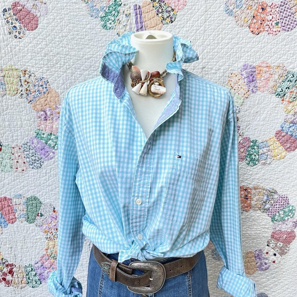 Upcycled Re-worked Tommy Hilfiger Turquoise White Gingham Ruffle Collar Shirt L